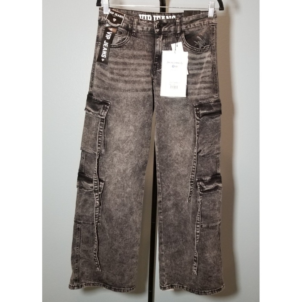 VIP Jeans Womens Sz 3/4 Black Wide Leg Cargo Jeans Hippie Boho Street Retro NWT
